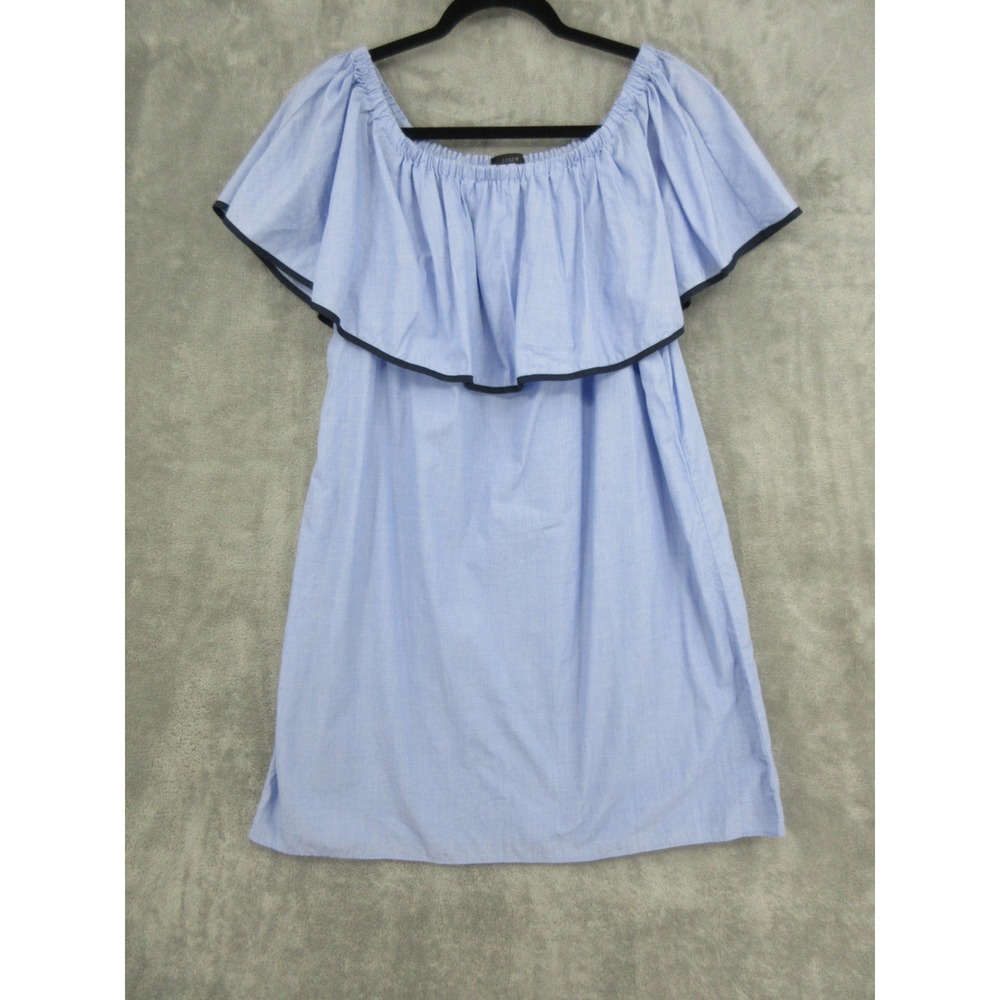 J Crew Dress Womens Size XS Blue Ruffle Off Shoulder Tipped Cotton Relaxed G0263